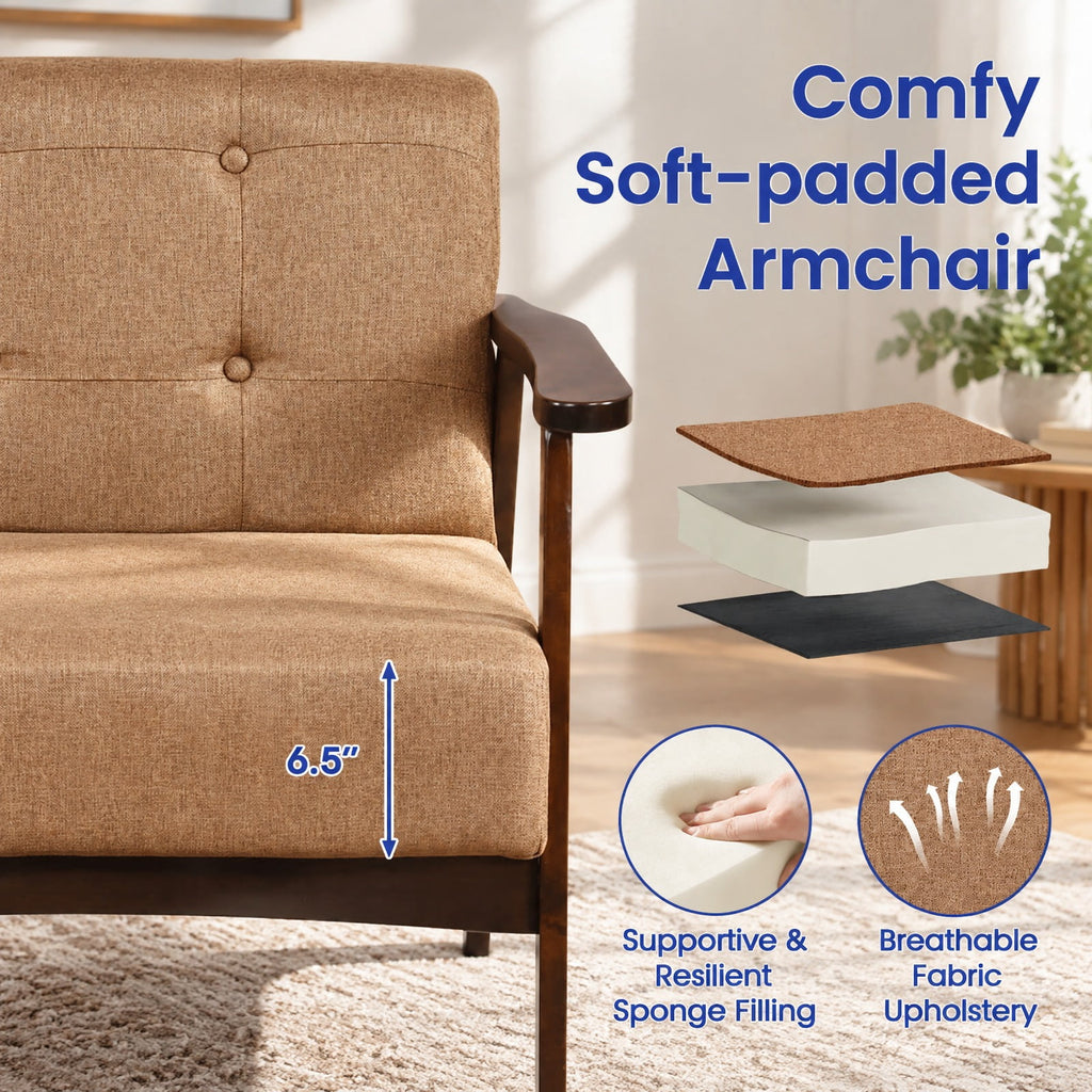 Airfind Rubber Wood Frame Accent Chair with Armrest for Living Room, 330 lbs Capacity, Rubber Wood Sponge Linen Fabric MDF Frame, Beige