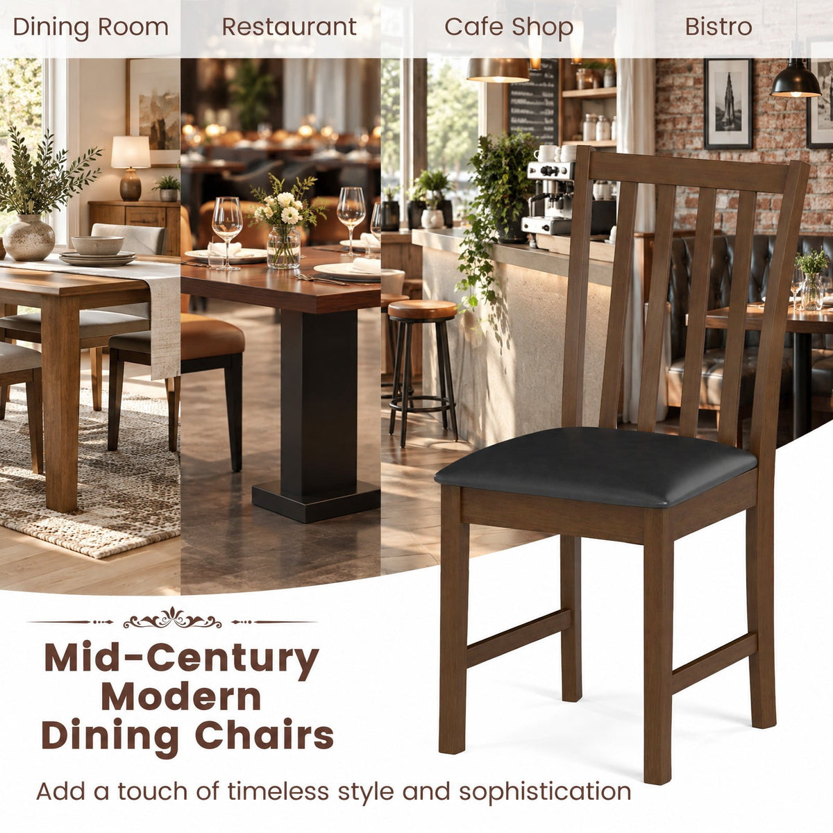 Airfind Wooden Dining Chair Set of 2 with Rubber Wood Frame and Padded Seat, Chair 330 lbs Capacity, Rubber Wood MDF Sponge PVC Leather Frame, Brown