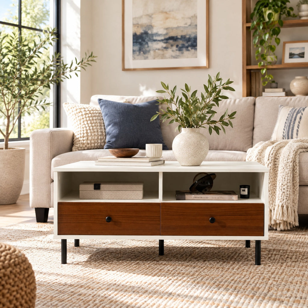 Airfind 2 Tier 40 Inch Length Modern Rectangle Coffee Table with Storage Shelf and Drawers, 200 lbs Capacity, Engineered Wood MDF Frame, White