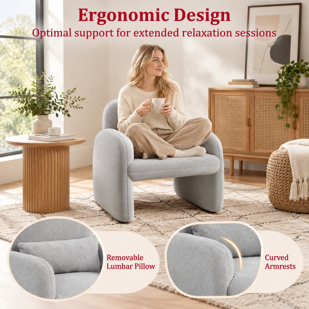 Airfind Modern Accent Chair with Waist Pillow and Armrests for Living Room Bedroom, 440 lbs Capacity, Sherpa Fabric Sponge Wooden Frame, Grey