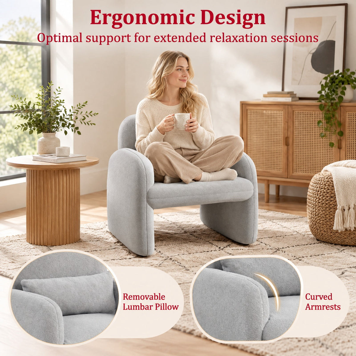 Airfind Modern Accent Chair with Waist Pillow and Armrests for Living Room Bedroom, 440 lbs Capacity, Sherpa Fabric Sponge Wooden Frame, Grey