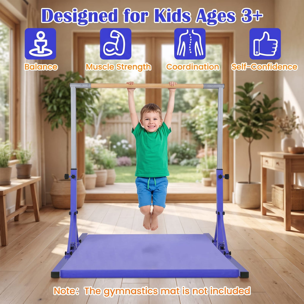 Airfind Foldable Gymnastics Bar for Kids with 3 Level Adjustable Height and Bamboo Grip Bar for Home Balance and Coordination Training, Purple