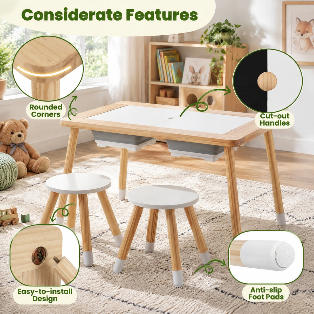 Airfind Wooden Kids Activity Table Set with Double-Sided Boards, 200 lbs Capacity, Pine Wood MDF Frame, 32 x 23 x 19.5 Footprint, Natural