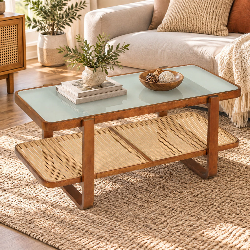 Airfind Coffee Table, Rattan Table with Tempered Glass Top and Storage Shelf, 220 lbs Capacity, Tempered Glass PE Rattan Plywood Frame, Walnut