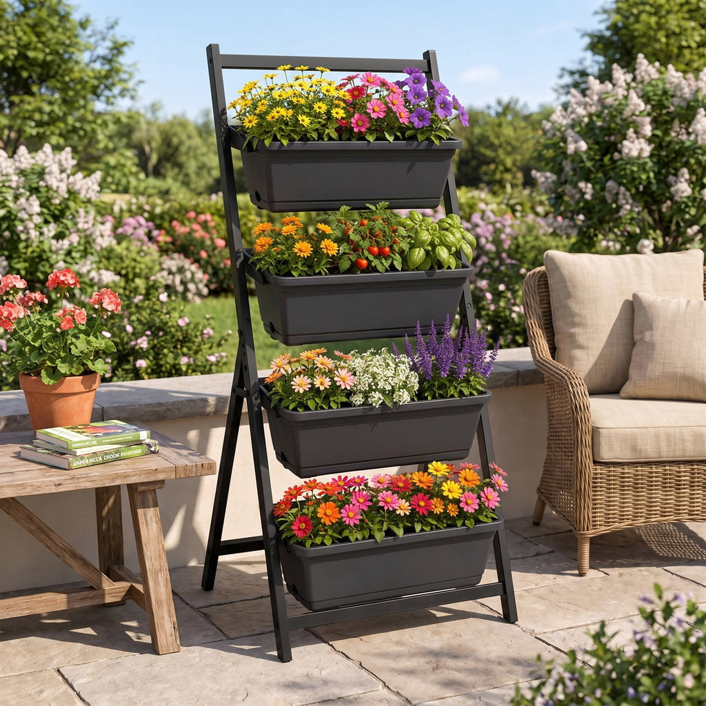 Airfind 4-Tier Vertical Raised Garden Bed with 4 Containers and Drainage Holes, Plastic Metal Frame, 26 x 20 x 49 Footprint, Black