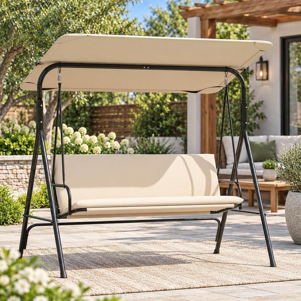 Airfind 3-Seat Patio Swing Chair with Adjustable Canopy and Removable Cushion, 800 lbs Capacity, Metal Polyester Fabric Sponge Mesh Fabric Frame