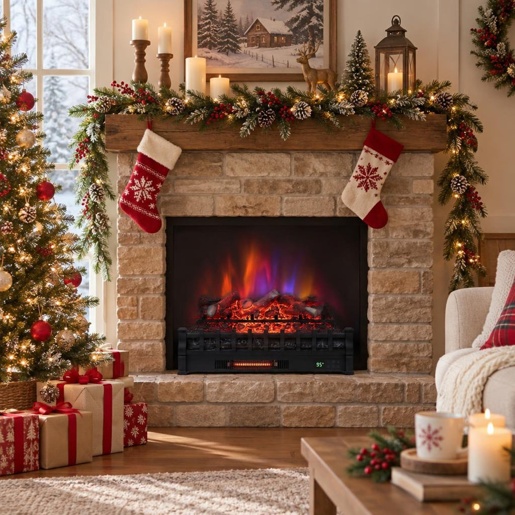 Airfind 26 Inch WiFi Infrared Quartz Electric Fireplace Insert Logs Heater with Realistic Lemonwood Logs, Cold-rolled Steel ABS Resin Frame, Black
