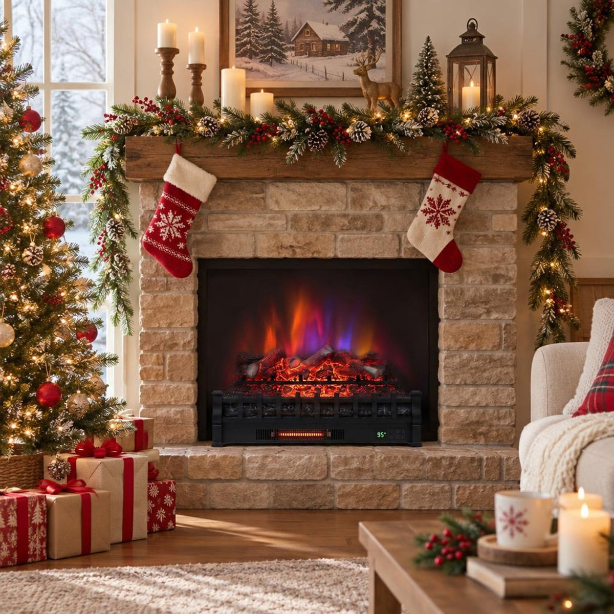 Airfind 26 Inch WiFi Infrared Quartz Electric Fireplace Insert Logs Heater with Realistic Lemonwood Logs, Cold-rolled Steel ABS Resin Frame, Black