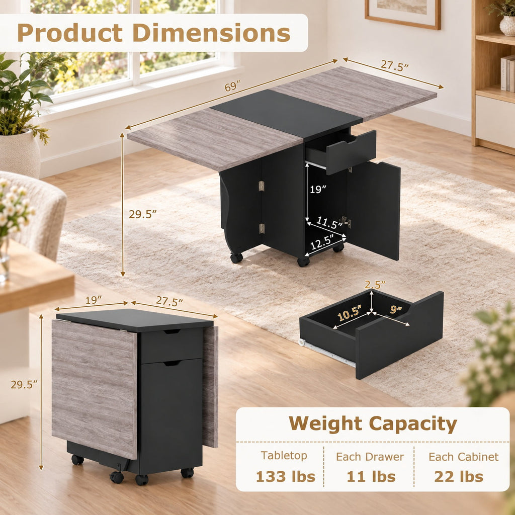 Airfind Folding Dining Table 3-in-1 Space-Saving Drop Leaf Kitchen Table with Lockable Wheels, 60 kg Capacity, 63.2 x 27.6 x 29.5 Footprint