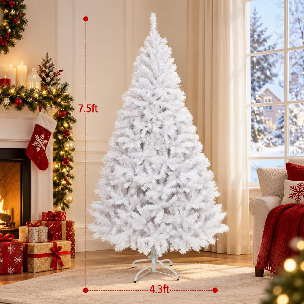 Airfind 6 / 7.5 / 9 Hinged Artificial Christmas Tree with Metal Stand-7.5 ft, PVC iron Frame, φ 3.8 ft x 6 ft Footprint, White