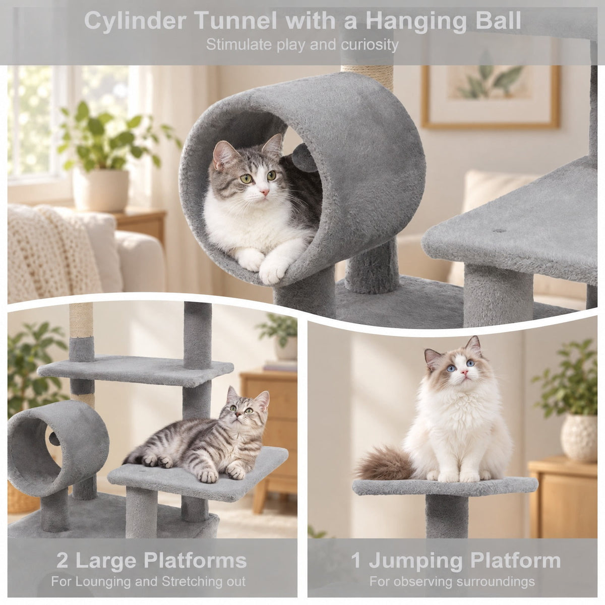 Airfind 48 Inches Tall Cat Tree Multi-Level Kitten Tower with Large Condo Padded Top Perch, Engineered Board Plush Sponge Jute Frame, Light Gray