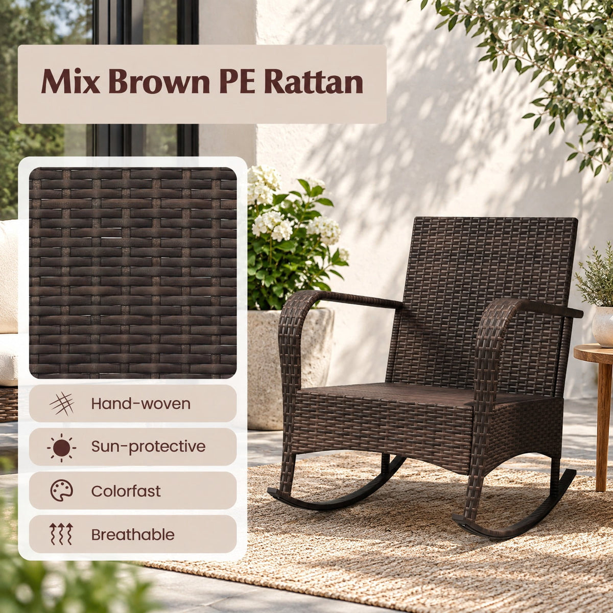 Airfind 3 Piece Outdoor Rocking Set with Tempered Glass Coffee Table for Backyard Poolside, PE Rattan Metal Tempered Glass Polyester Sponge Frame