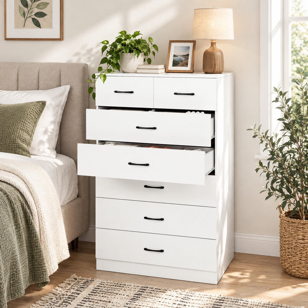Airfind 7-Drawer Tall Dresser with Metal Handles and Anti-Tipping Kits, 66 lbs Capacity, Engineered Wood MDF Frame, 32 x 18 x 48 Footprint, White