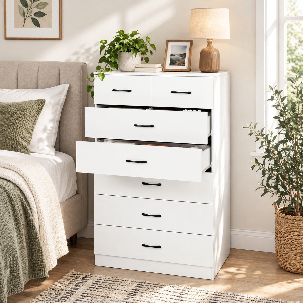 Airfind 7-Drawer Tall Dresser with Metal Handles and Anti-Tipping Kits, 66 lbs Capacity, Engineered Wood MDF Frame, 32 x 18 x 48 Footprint, White