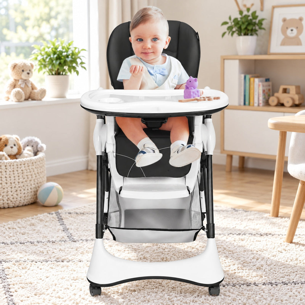 Airfind A-Shaped High Chair with 4 Lockable Wheels, 50 lbs Capacity, Iron Frame, for 0-36 months, 22 x 26 x 32 Footprint, Gray