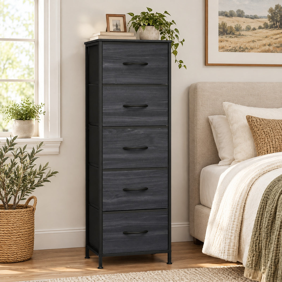 Airfind Dresser Nightstand with 5 Roomy Fabric Drawers for Bedroom, 130 lbs Capacity, Metal Engineered Wood Non-Woven Fabric Frame, Black