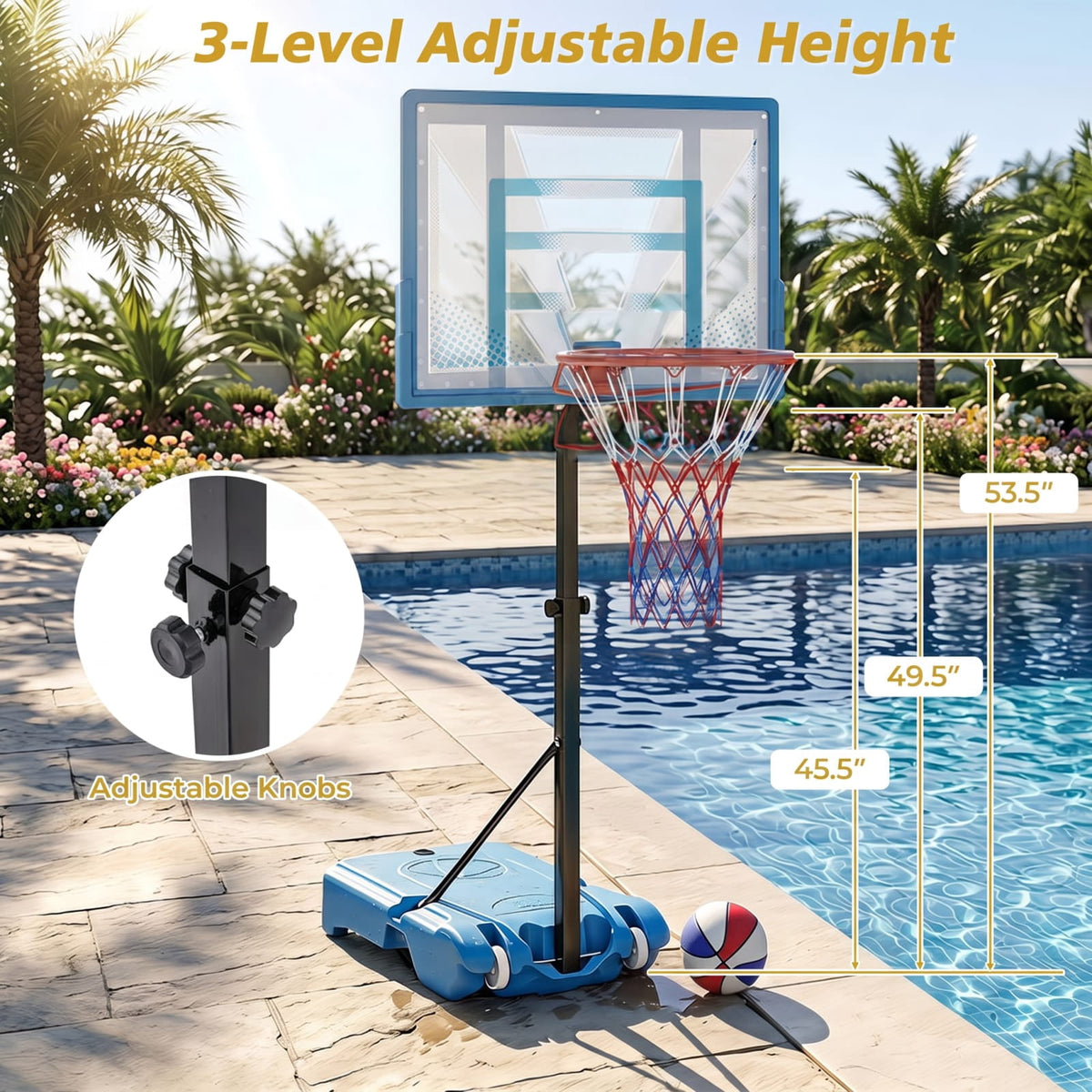 Airfind Pool Basketball Hoop with 3 Level Adjustable Height Shatterproof PC Backboard Weighted Base and Wheels for Swimming Pool Poolside Fun, Blue