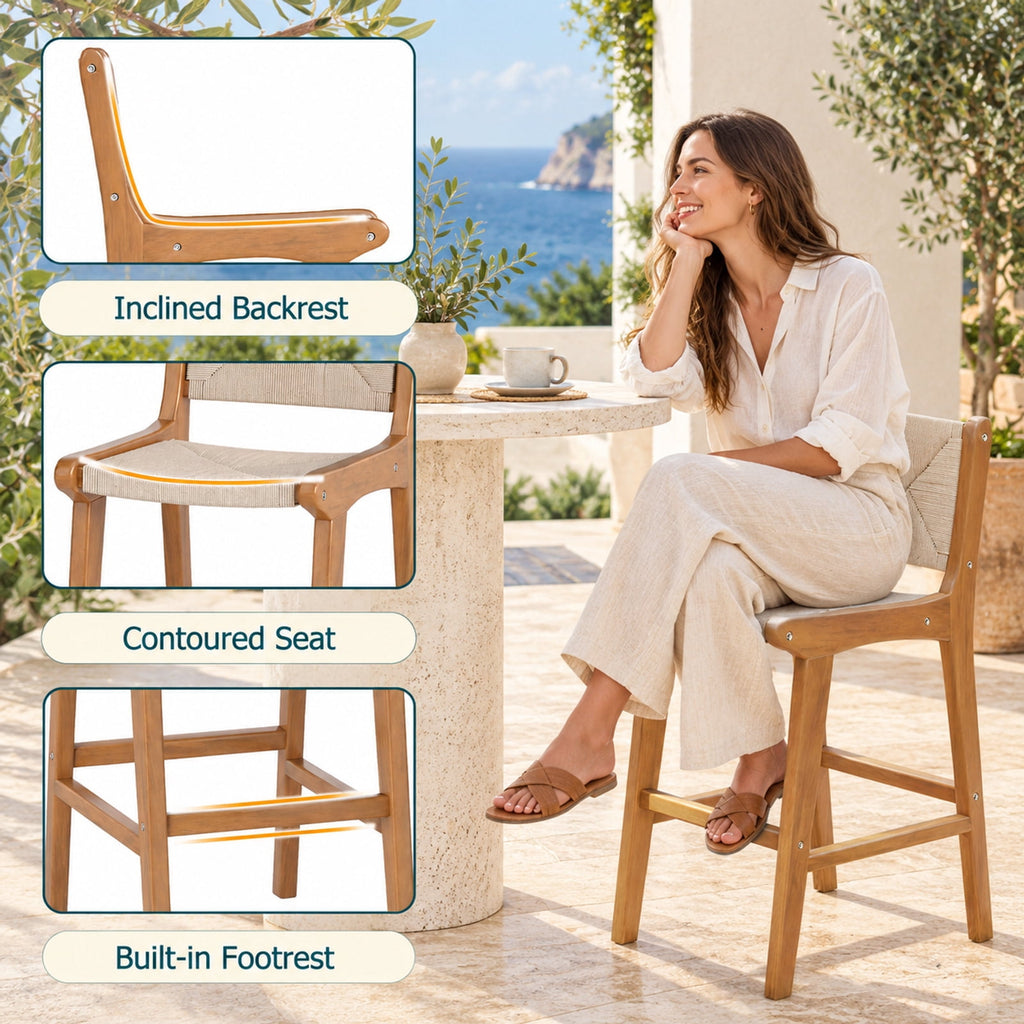 Airfind Set of 4 Outdoor Counter Height Bar Stool Woven Paper Rope Patio Barstool with Teak Wood Frame, 400 lbs Capacity, Wood