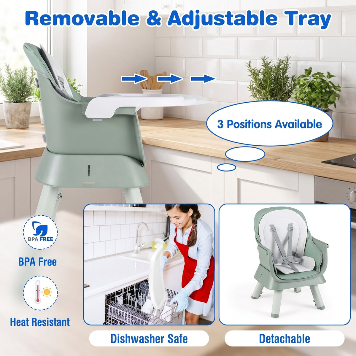 Airfind 6-in-1 Convertible Baby High Chair with Adjustable Removable Tray, 55 lbs, Model AD10030LV