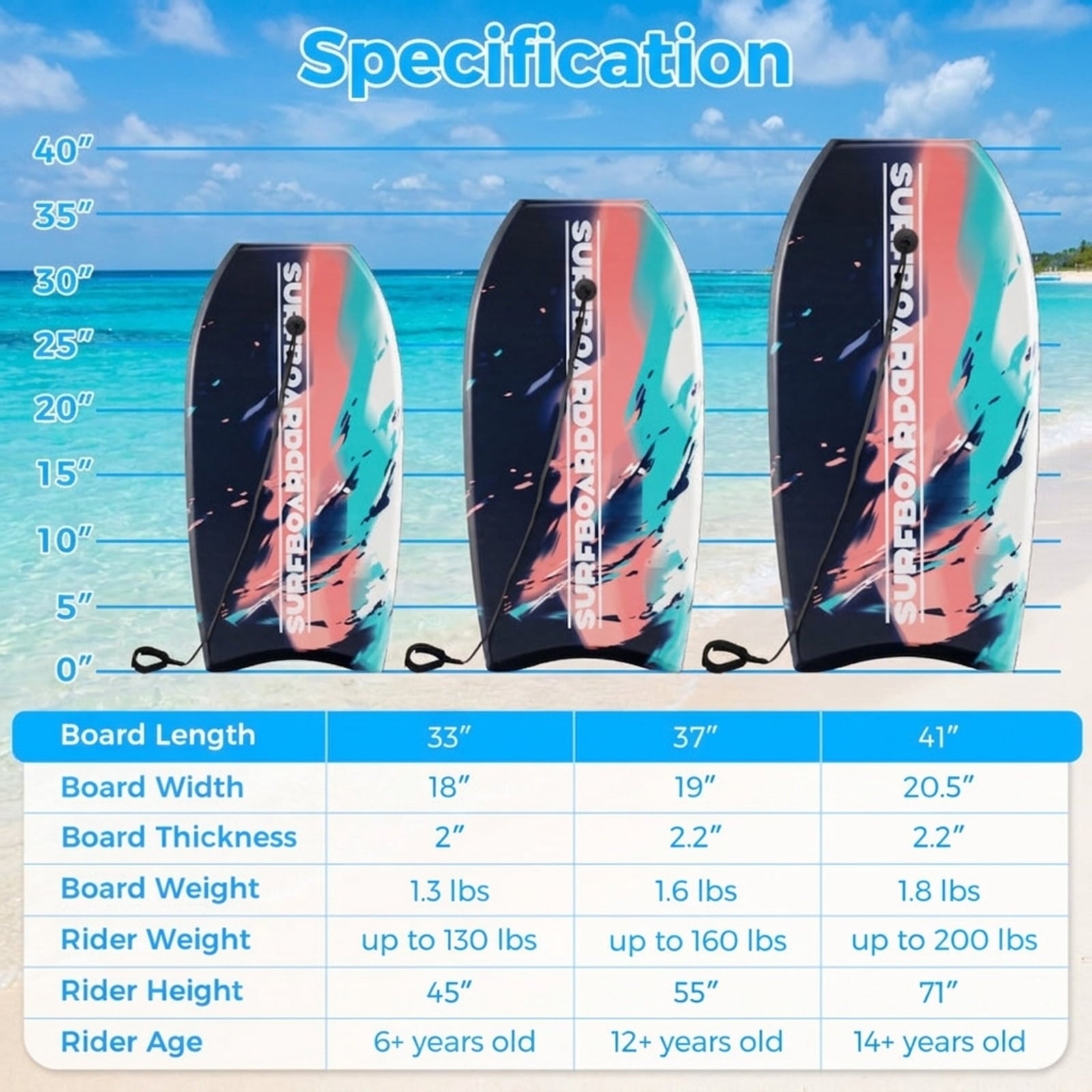 Airfind 41 Boogie Board with Sunset Splash Graphic Deck ¡ª EPS Core, XPE Top, HDPE Slick Bottom, Crescent Tail, Coiled Wrist Leash