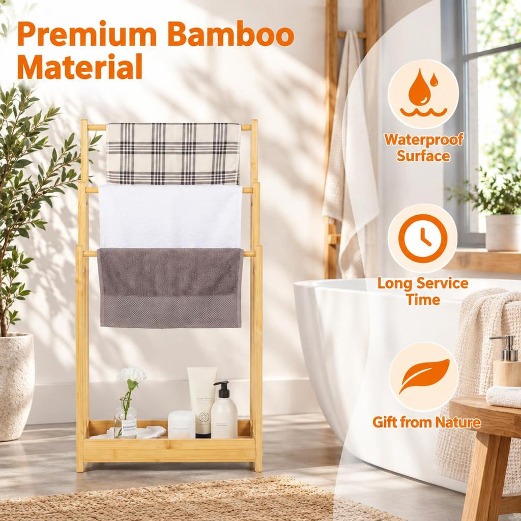 AIRFIND Bamboo Towel Rack, 3 Tier Freestanding Bathroom Organizer with Lower Storage Shelf and 5.5 lb Holding Capacity, Natural