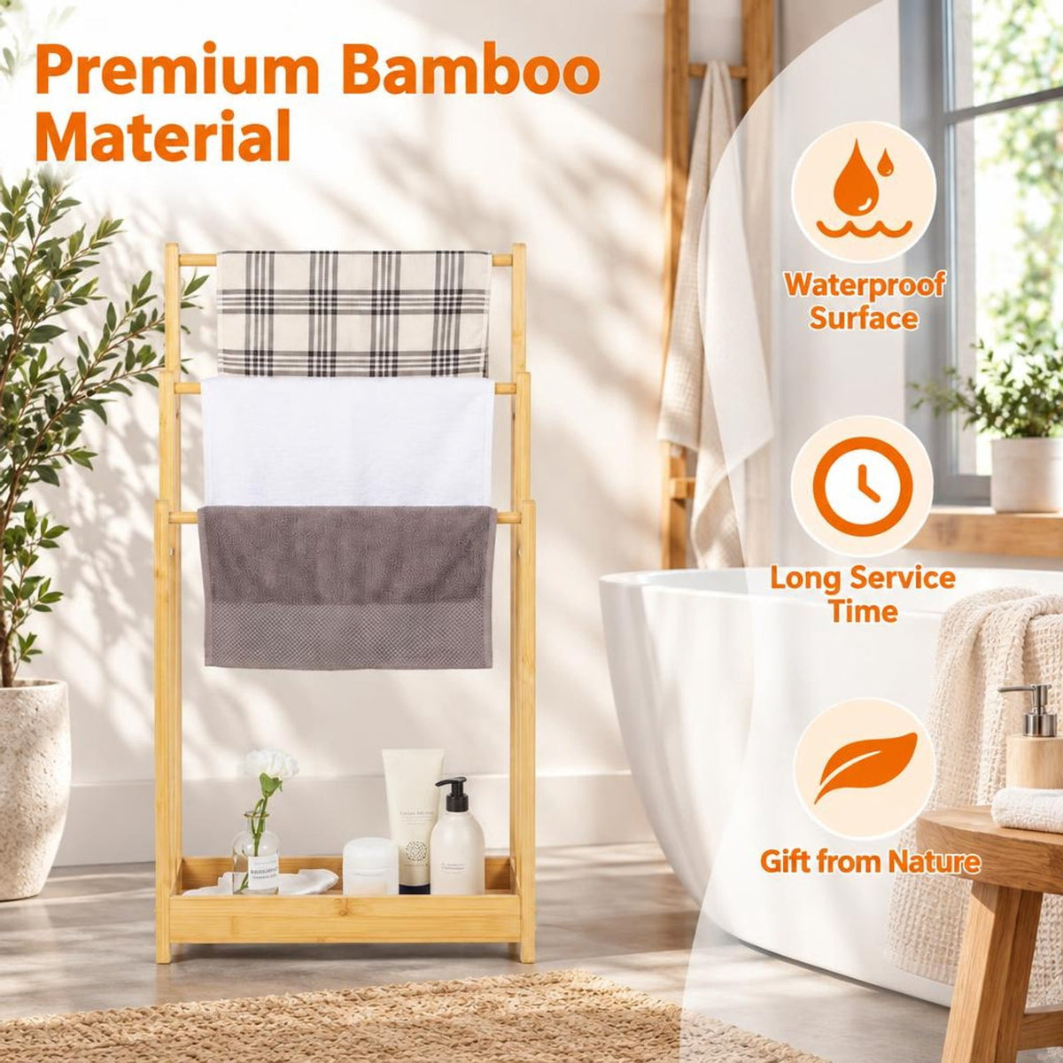 AIRFIND Bamboo Towel Rack, 3 Tier Freestanding Bathroom Organizer with Lower Storage Shelf and 5.5 lb Holding Capacity, Natural
