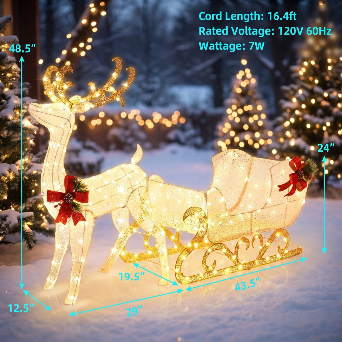 Airfind 6 Feet Christmas Lighted Reindeer and Santas Sleigh Decoration with 4 Stakes, Steel tinsel Frame, 19.5 x 72.5 x 48.5 Footprint