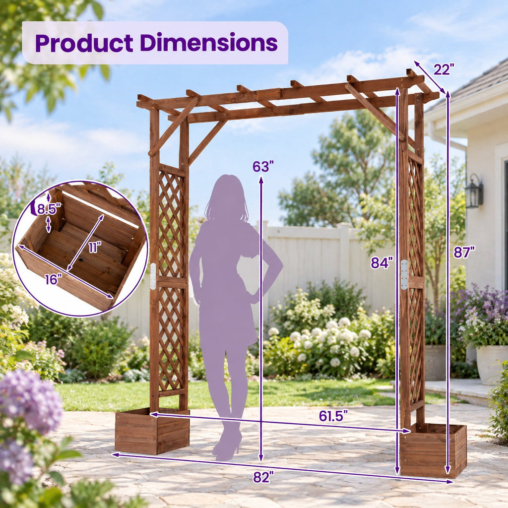 Airfind 87in Tall Wooden Garden Arbor with Planter Boxes and Hanging Roof for Climbing Plants, 44 lbs Capacity, Fir Wood Frame, Orange