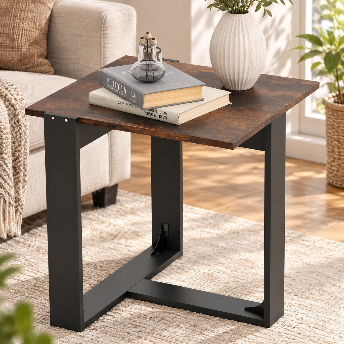 Airfind Industrial Sofa End Table with Metal Frame-1, 110 lbs Capacity, Engineered Wood Metal Frame, 20 x 20 x 20 Footprint, Rustic Brown Black