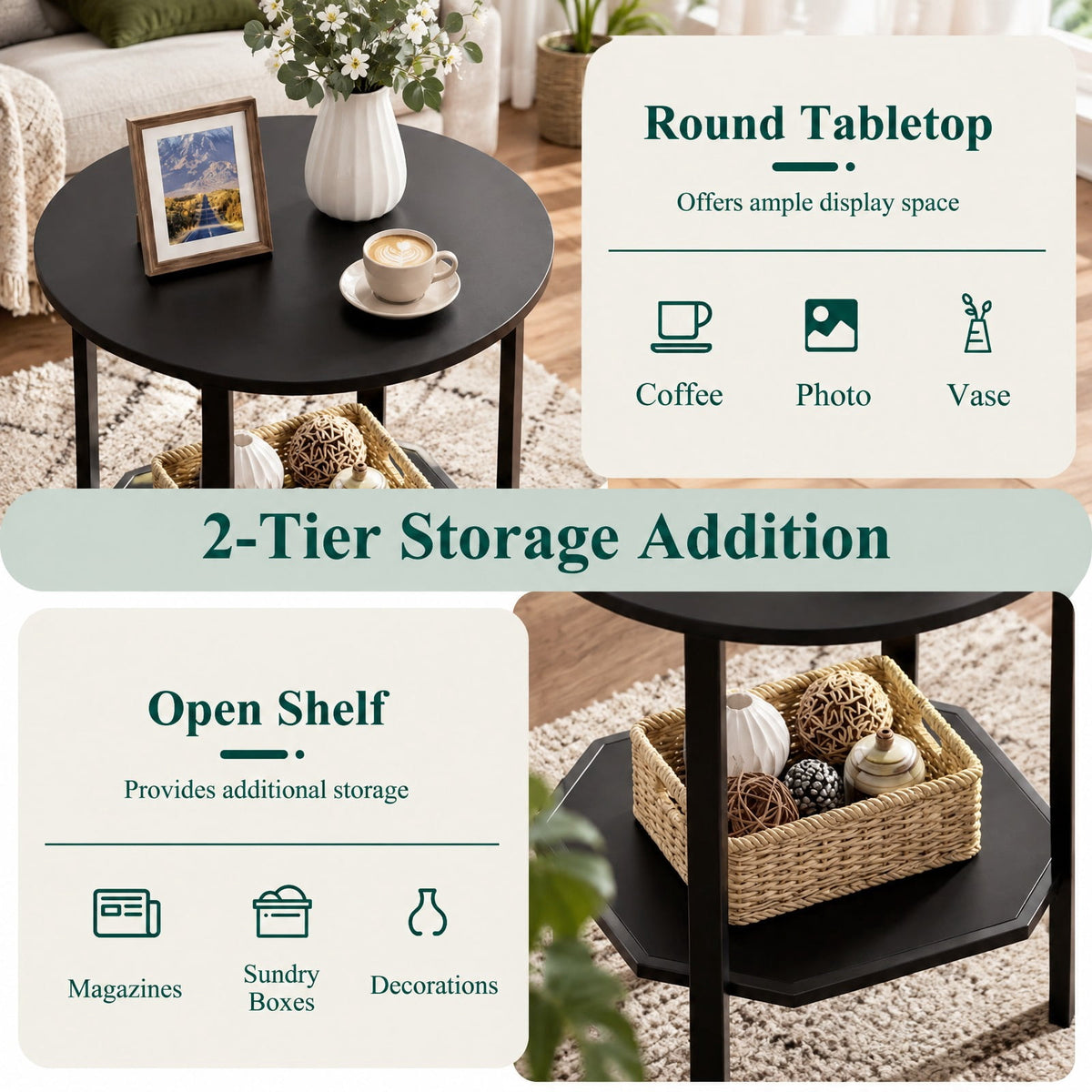 Airfind Round Side Table Small End Table with Storage Shelf 2-Tier Nightstand for Small Space, 90 lbs Capacity, Engineered Wood Carbon Steel Frame