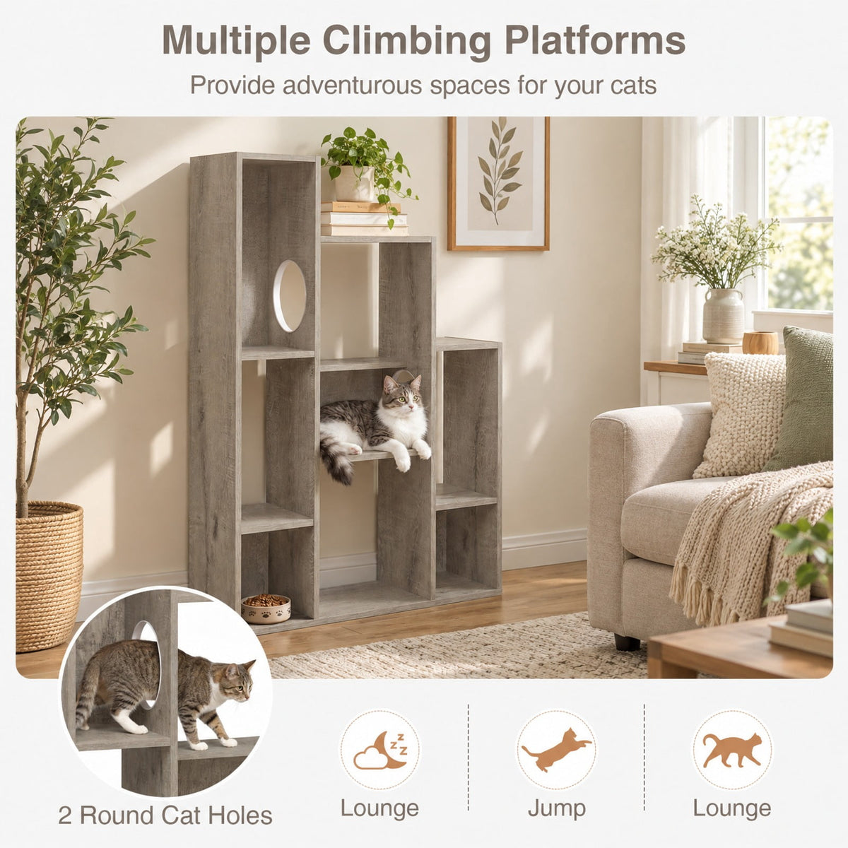 Airfind Modern Cat Bookshelf Cat Tree 8-Section Storage Cabinet with 2 Round Holes, 22 lbs Capacity, Engineered Wood Frame, Gray
