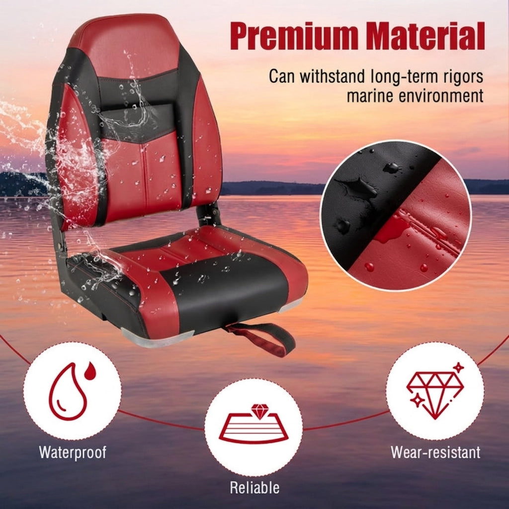 Airfind Folding Boat Seats with High Back Ergonomic Support and Waterproof Cushion for Fishing and Pontoon Boats with Aluminum Hinges, Red