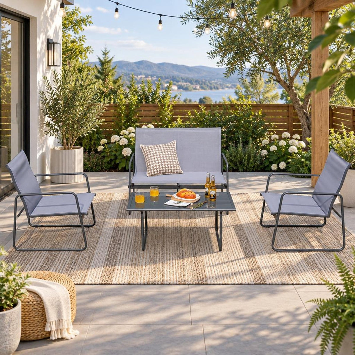 Airfind 4 Pieces of Metal Patio Furniture Chat Set with Tempered Glass Coffee Table, 660 lbs Capacity, Steel fabric Frame, 38 x 19 x 17 Footprint
