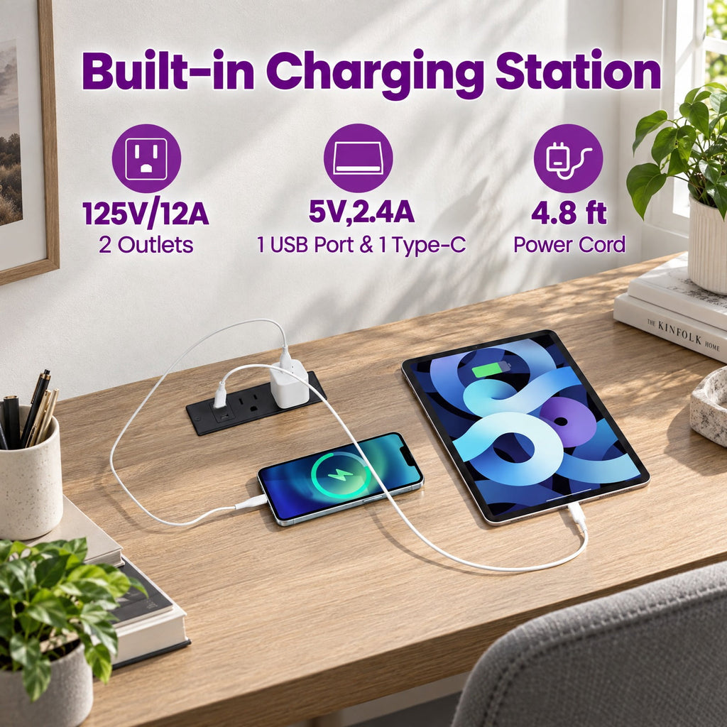Airfind L Shaped Desk with Charging Station Corner Computer Desk with 2 Fabric Drawers, 110 lbs Capacity, Engineered Wood Metal Fabric Frame