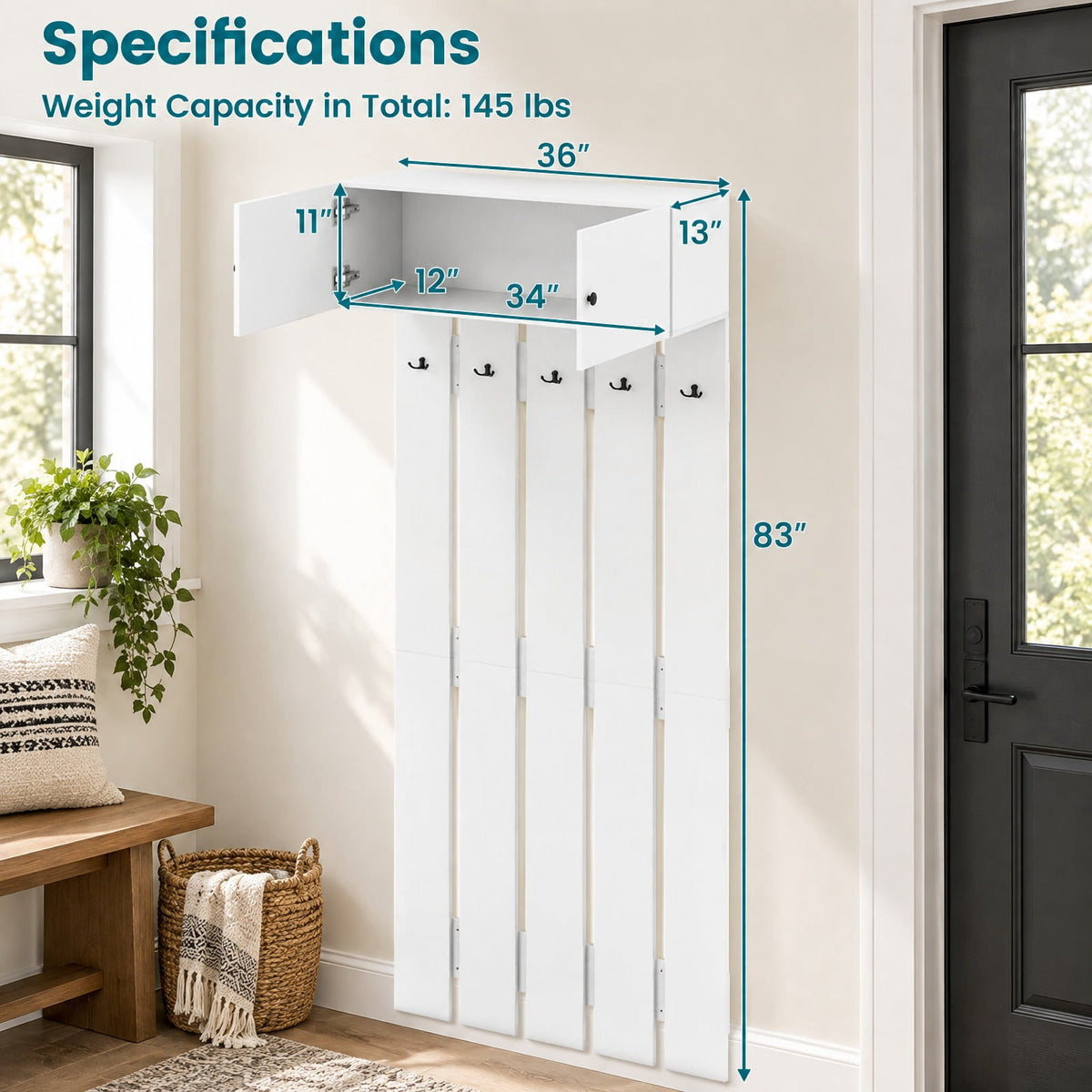 Airfind Entryway Wall Coat Rack Wall Mounted Coat Clothes Rack, 145 lbs Capacity, Engineered Wood Frame, 35.4in x 13in x 82.7in Footprint, White