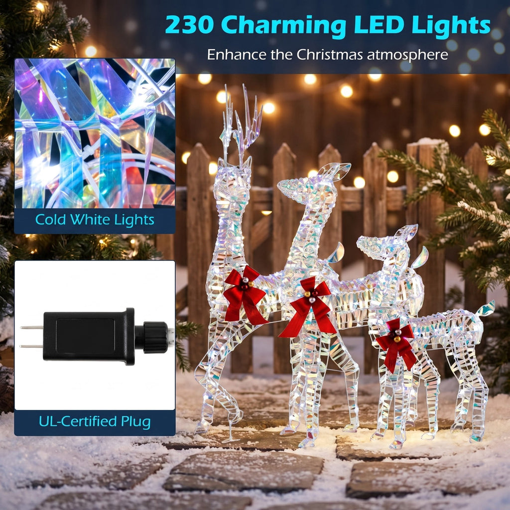 Airfind Christmas Reindeer Family Set of 3 Featuring 230 Cold White LED Lights, Metal Frames and Ground Stakes for Lawn and Garden, White