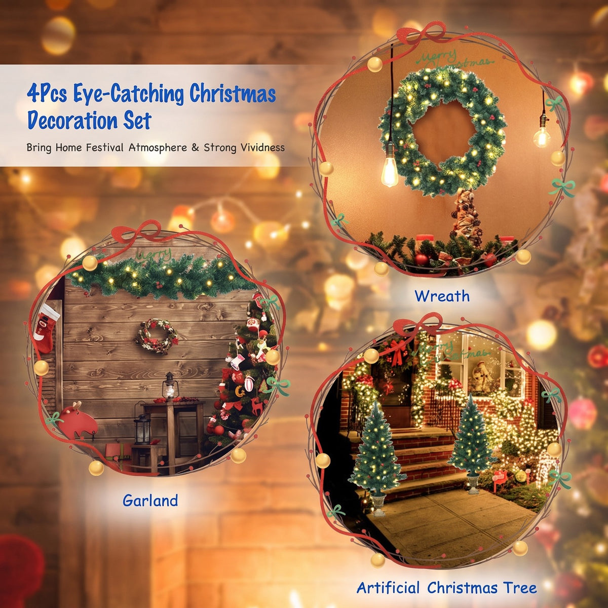 Airfind 4 Pieces Christmas Decoration Set with Garland Wreath and Entrance Trees, Green, diameter 24in, Number of LED lights 200 Battery