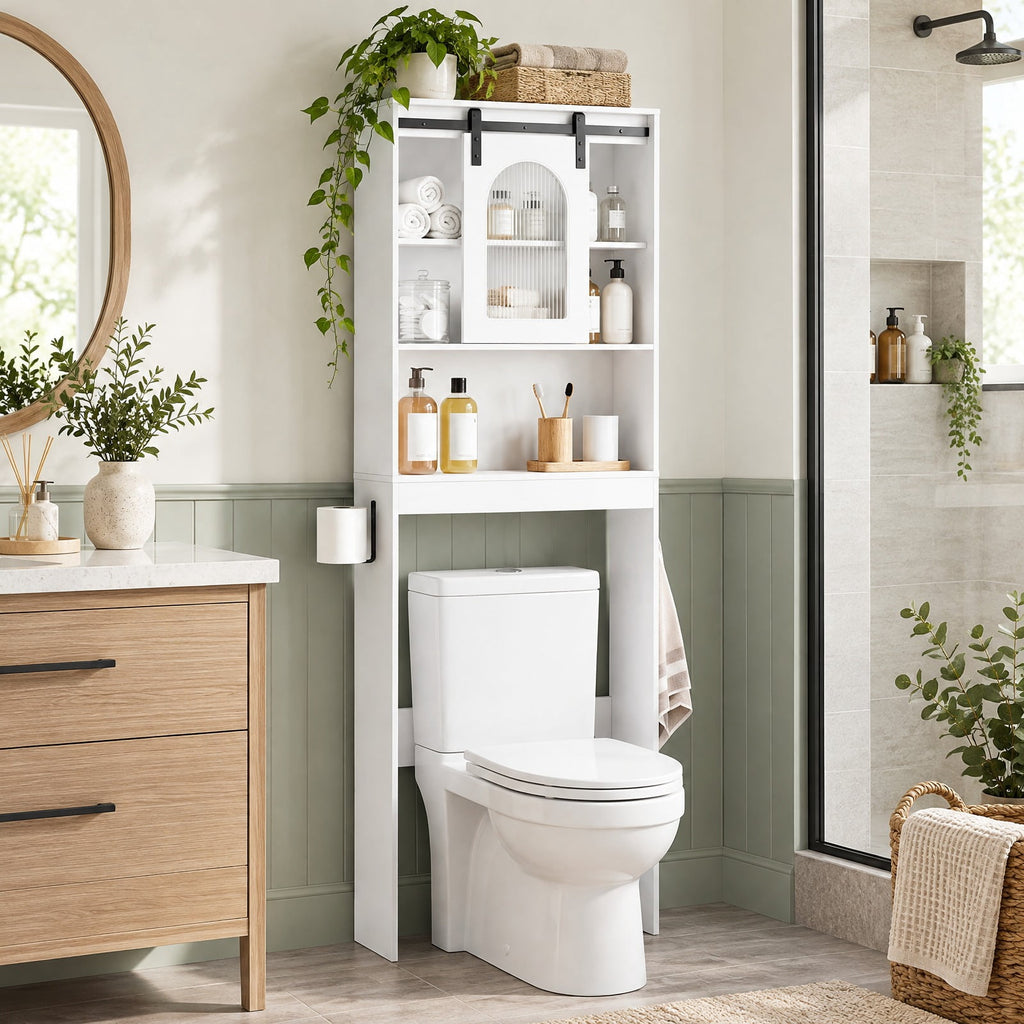 Airfind Over Toilet Storage Cabinet with Sliding Barn Door and Open Shelves for Bathroom, 44 lbs Capacity, Engineered Wood Frame, White