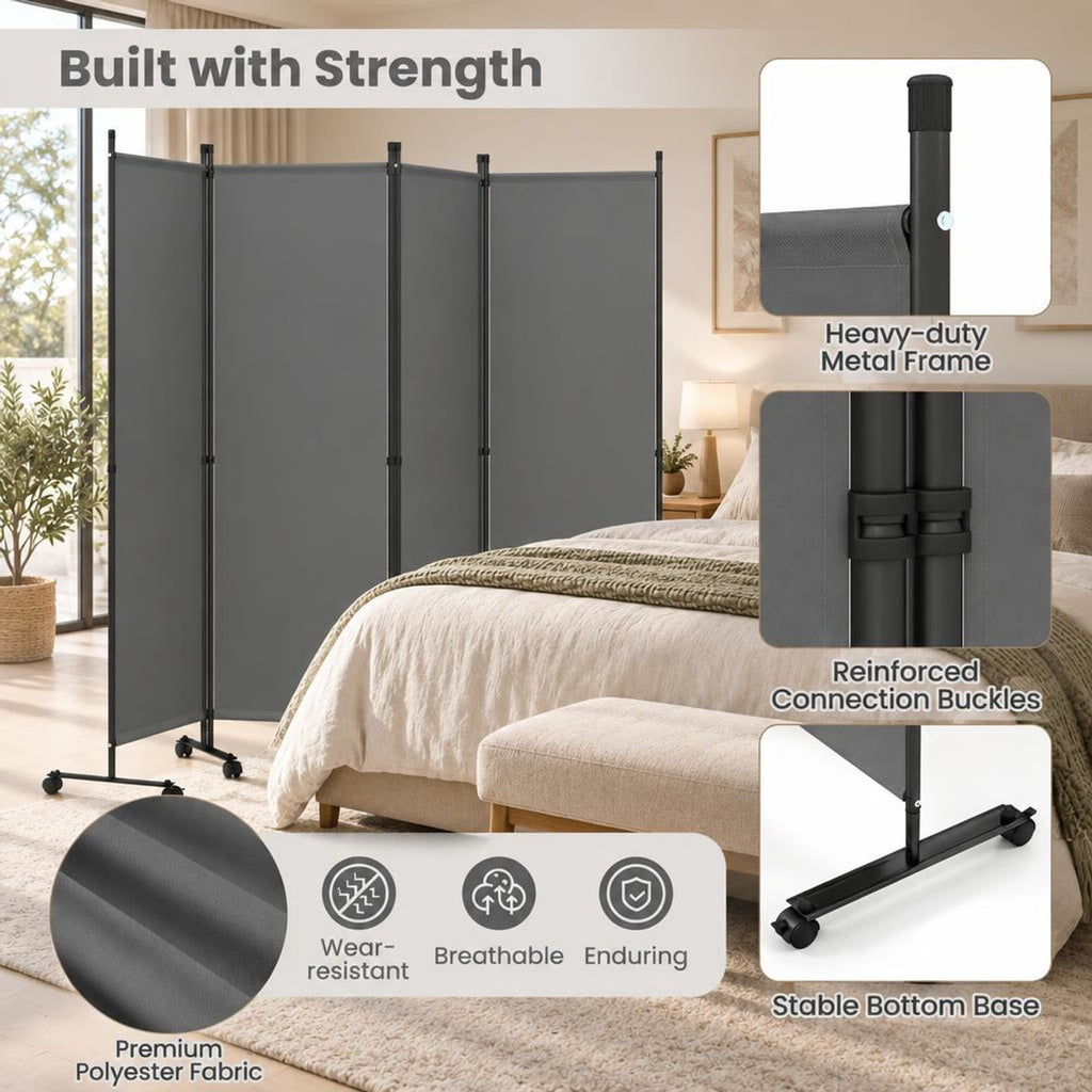 Airfind 4-Panel Room Divider with Lockable Wheels for Living Room, Polyester Fabric Metal Frame, 87in x 14in x 68in Footprint, Gray