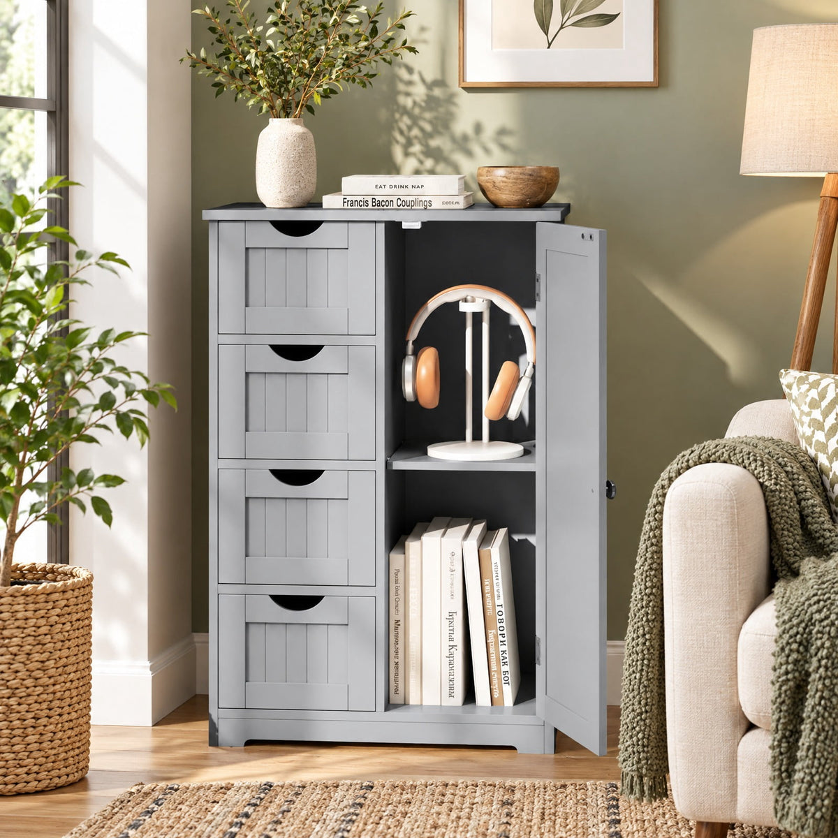 Airfind Standing Indoor Wooden Cabinet, with 4 Drawers, 143 lbs Capacity, MDF Engineered Wood Frame, 21.5 Inch x 12 Inch x 32.5 Inch Footprint, Gray