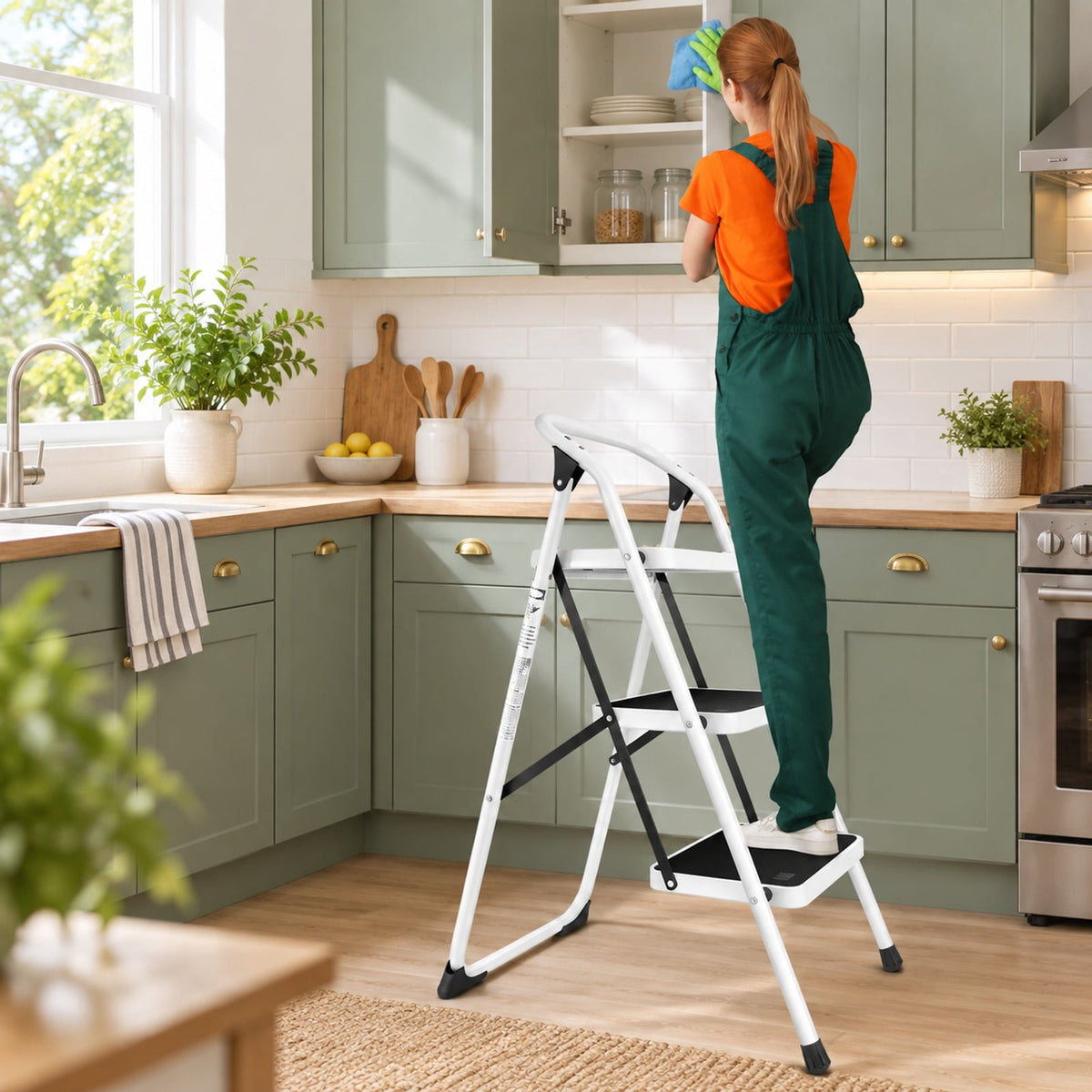 Airfind Folding 3-Step Ladder with Handgrip and Anti, 330 lbs Capacity, Iron Frame, 19.5 Inch x 26 Inch x 36.5 Inch Footprint, Black white