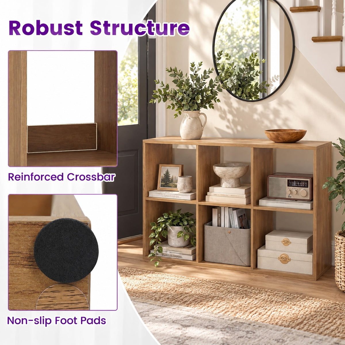 Airfind 6 Cube Bookshelf with Back Guardrail for Living Room Bedroom, 154 lbs Capacity, Engineered Wood Frame, 41 Inch x 13 Inch x 27.5 Inch Footprint, Natural