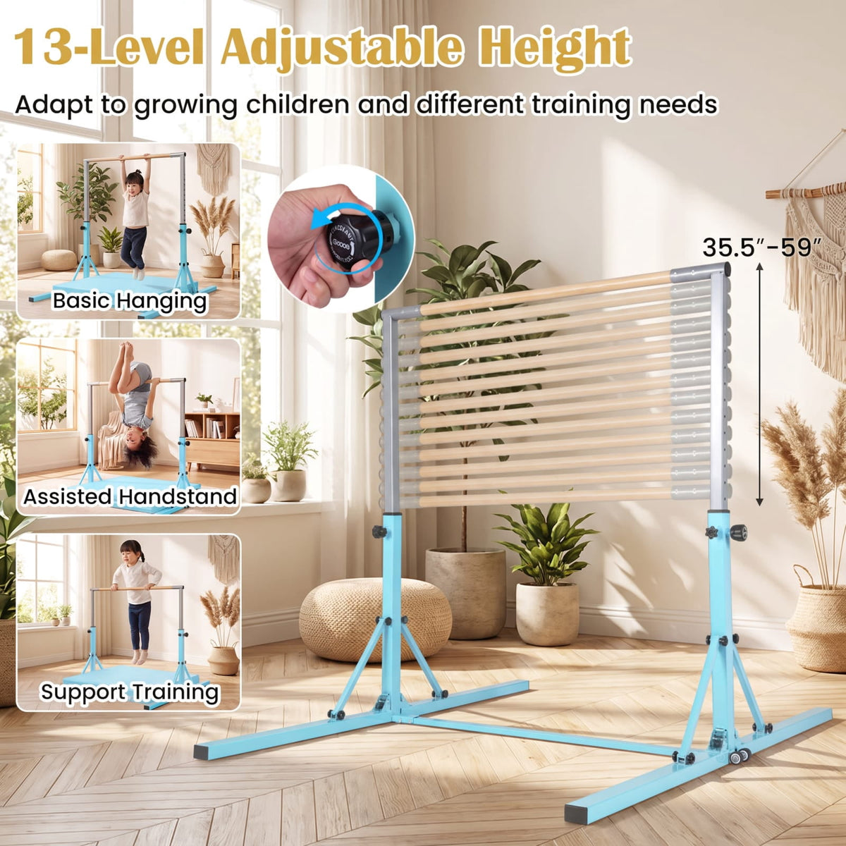 Airfind Foldable Gymnastics Bar for Kids with 3 Level Adjustable Height and Bamboo Grip Bar for Home Balance and Coordination Training, Green