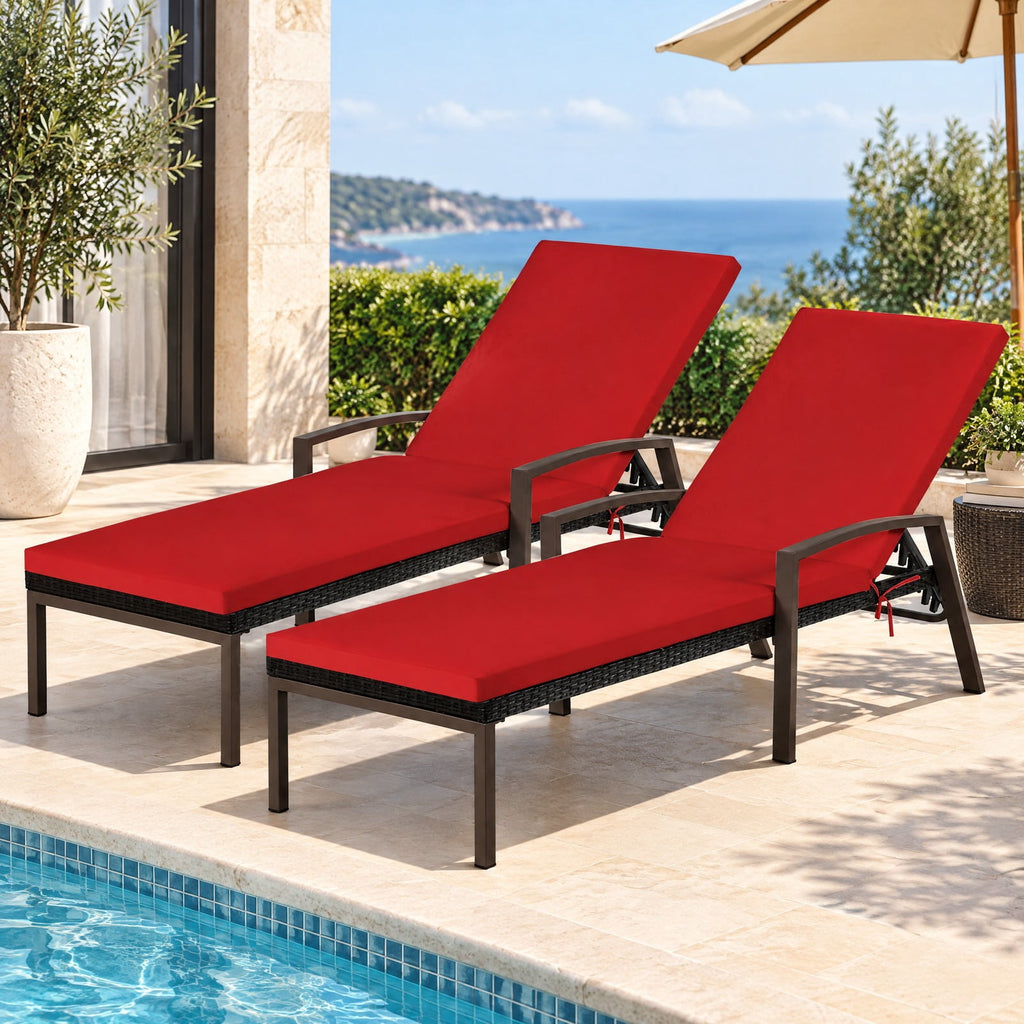 Airfind 2 Pieces Patio Rattan Adjustable Back Lounge Chair with Armrest and Removable Cushions, 400 lbs Capacity, Steel Rattan Frame, Red