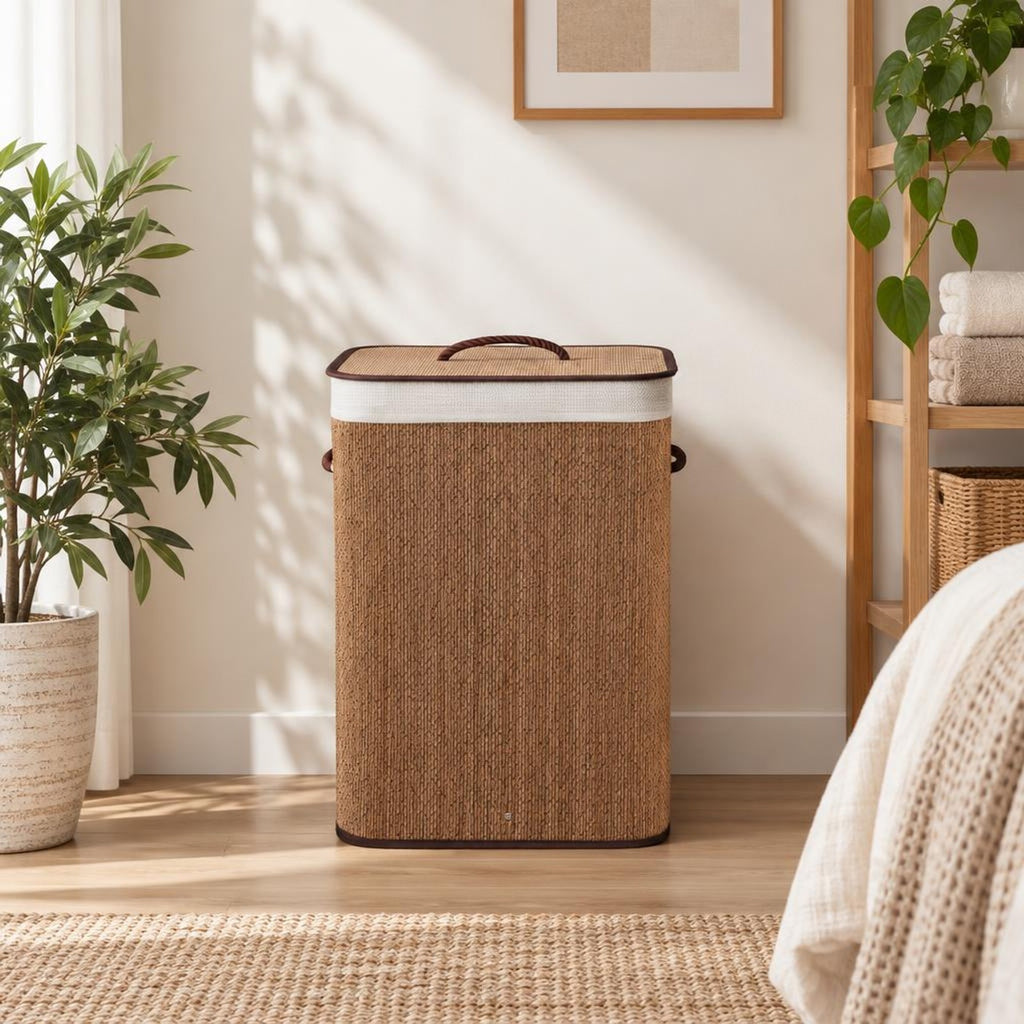 Airfind 19 Gal Capacity Bamboo Clothes Hamper with Removable Liner and Portable Handles, 22 lbs Capacity, 16.5 x 12.5 x 24 Footprint, Brown