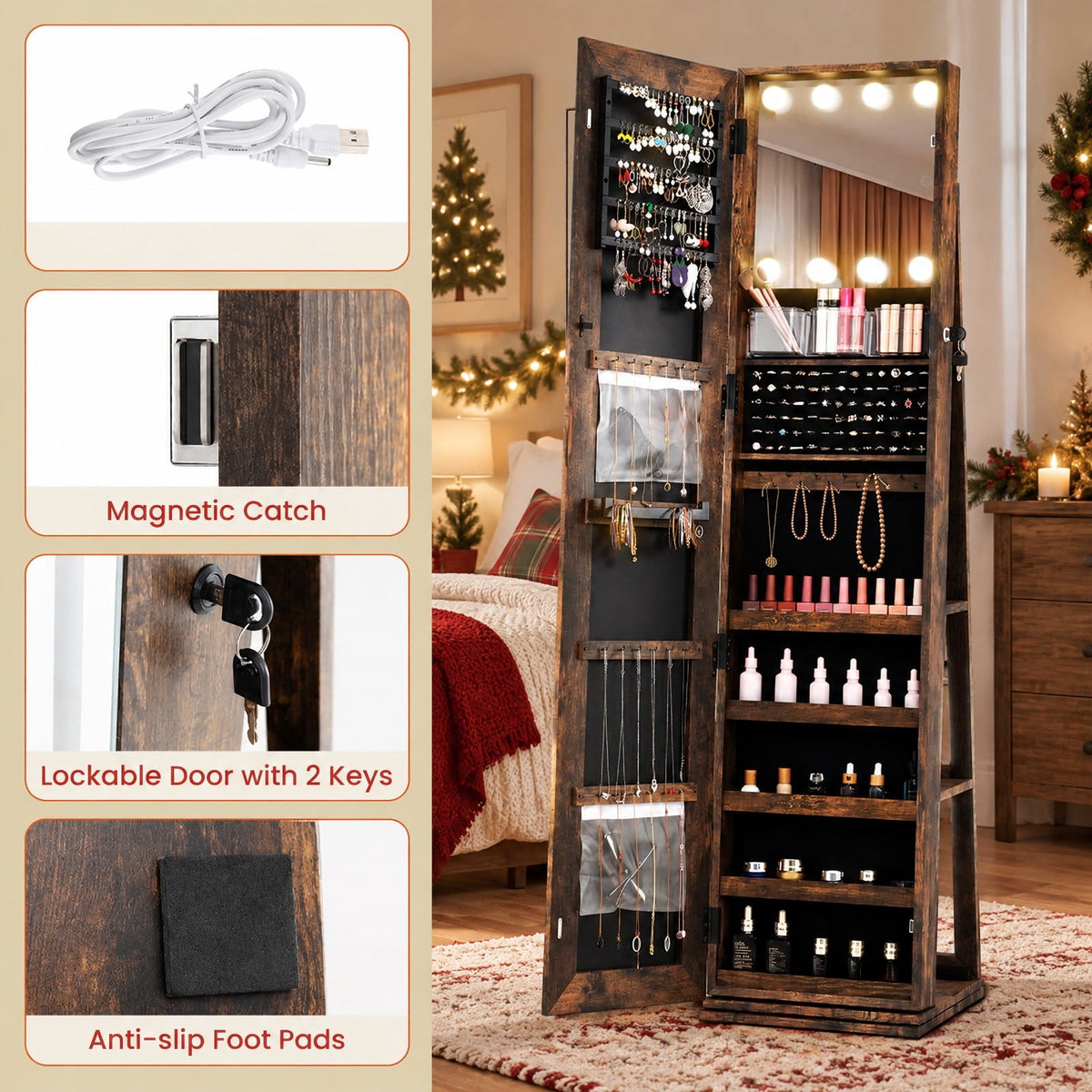 Airfind 360° Swivel Freestanding Jewelry Cabinet with Lighted Full Length Mirror, MDF Frame, Brown, Open storage shelves for easy reach