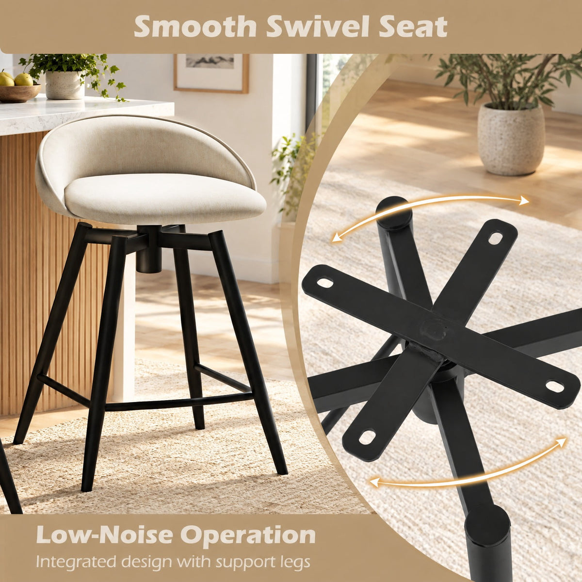 Airfind Upholstered Bar Stools Set of 2 with Footrest and Backrest, 330 lbs Capacity, Metal Linen Fabric Sponge Frame, Beige