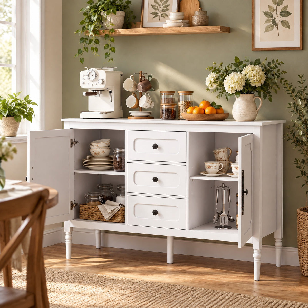 Airfind 47 Inch Vintage Buffet Cabinet with 3 Drawers 2 Cabinets and Adjustable Shelves for Dining Room, 110 Lbs Capacity, 47 Inch X 15.5 Inch X 31.5 Inch, White