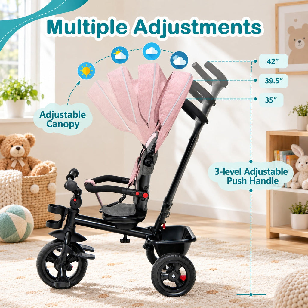 Airfind 4-in-1 Baby Tricycle Toddler Trike with Convertible Seat, 55 lbs Capacity, Steel polyester fabric PP EVA Frame, Pink