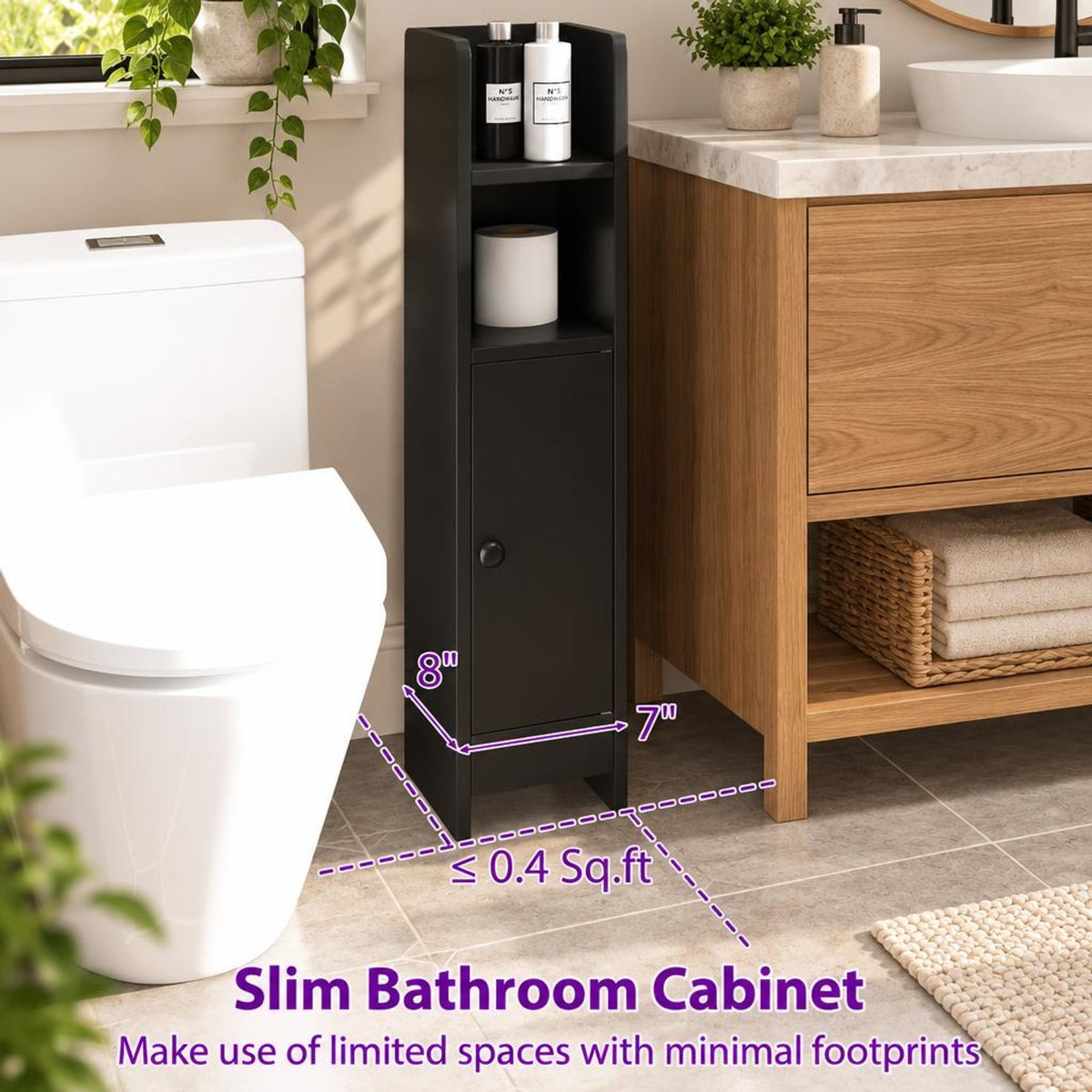 Airfind Bathroom Slim Cabinet Corner with Door and Adjustable Shelf, 44 lbs Capacity, Engineered Wood Frame, Black